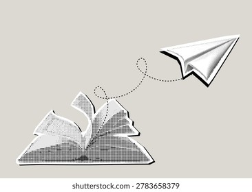 Trendy Halftone Collage of open book with flying paper plane. Contemporary mixed media art. Vector.