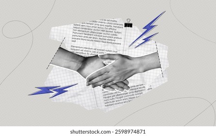 Trendy Halftone Collage Partner Handshake. Business agreement and teamwork. Cooperation concept. Make a deal. Shaking hands. Paper texture background. Contemporary vector illustration art