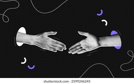 Trendy Halftone Collage Partner Handshake. Business agreement and teamwork. Cooperation concept. Make a deal. Shaking hands. Black modern background. Contemporary vector illustration art