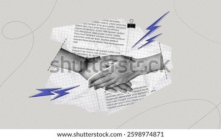 Trendy Halftone Collage Partner Handshake. Business agreement and teamwork. Cooperation concept. Make a deal. Shaking hands. Paper texture background. Contemporary vector illustration art