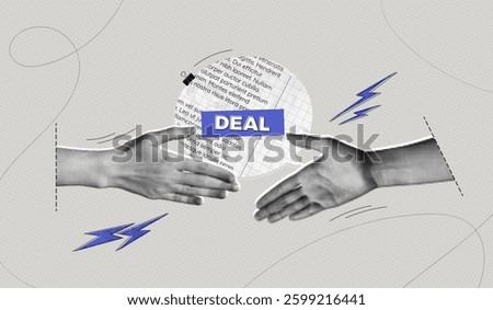 Trendy Halftone Collage Partner Handshake. Business agreement and teamwork. Cooperation concept. Make a deal. Shaking hands. Paper texture speech bubble message. Contemporary vector illustration art