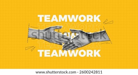 Trendy Halftone Collage Partner Handshake. Business agreement and teamwork. Cooperation concept. Make a deal. Shaking hands. Modern yellow background. Contemporary vector illustration art