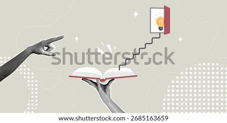 A trendy halftone collage. The path to enlightenment reading books. Books lead to a bright future. The concept of learning new opportunities, wisdom, knowledge, and education opens the door to success