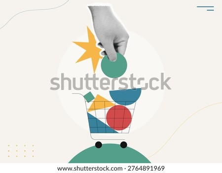 Trendy halftone collage of person hand dropping colorful geometric shapes into shopping cart, flat design concept for e-commerce, online retail, purchase decision, and digital shopping.