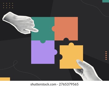 Trendy halftone collage of person hands placing colorful puzzle pieces together on dark background, flat design concept for collaborative solution, teamwork, partnership, and problem solving.