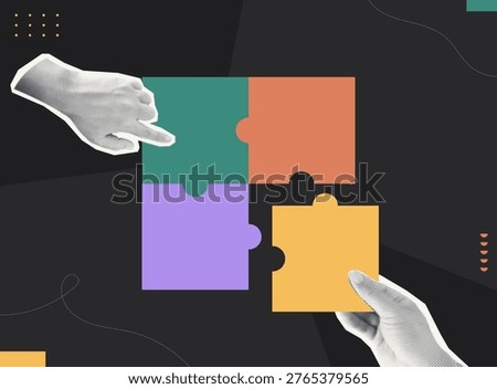 Trendy halftone collage of person hands placing colorful puzzle pieces together on dark background, flat design concept for collaborative solution, teamwork, partnership, and problem solving.