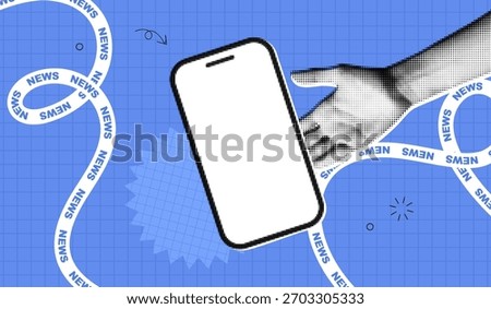 Trendy Halftone Collage Phone with Breaking news. Smartphone white space screen for media and journalism. Online reading news. Social media browsing. Contemporary vector art illustration