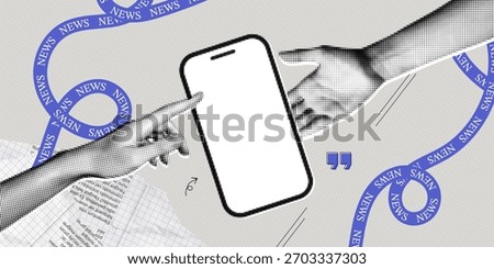 Trendy Halftone Collage Phone with Breaking news. Smartphone white space screen for media and journalism. Online reading news. Social media browsing. Contemporary vector art illustration