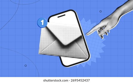 Teléfono de moda del collage del semitono con el sobre y la notificación Nueva. Correo Electrónica con un masaje. Comunicación en línea. Marketing en redes sociales. Arte de Ilustración vectorial contemporáneo