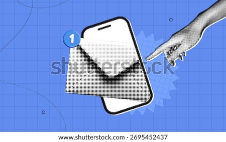 Trendy Halftone Collage Phone with Envelope and New notification. Electronic mail with one massage. Online communication. Social media marketing. Contemporary vector illustration art