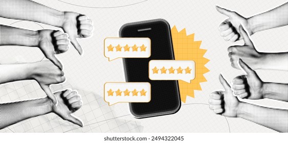 Trendy Halftone Collage Phone with five star rating. Hands with thumbs up and thumbs down gestures. Online feedback. Yes or no choice banner. Quality review. Contemporary vector illustration art