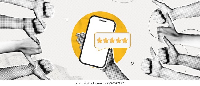 Trendy Halftone Collage Telefon mit fünf Sternen Bewertung. Hände mit Daumen nach oben und Daumen nach unten Gesten. Online-Feedback. Ja oder nein, Wahlbanner. Qualitätskontrolle. Zeitgenössische Vektorgrafik