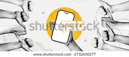 Trendy Halftone Collage Phone with five star rating. Hands with thumbs up and thumbs down gestures. Online feedback. Yes or no choice banner. Quality review. Contemporary vector illustration art
