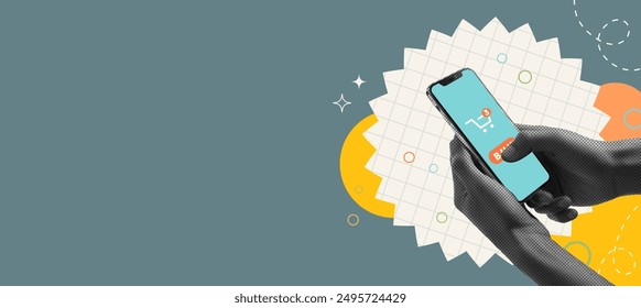 Trendy halftone collage Phone in hand, buying goods online. Modern retro banner, online shopping, wallet in phone, applications. Vector illustration