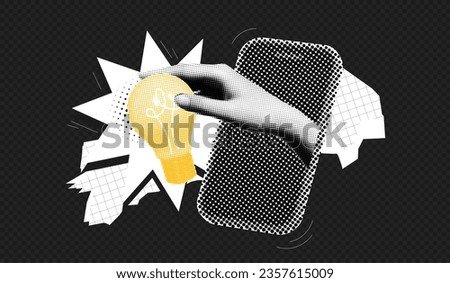 Trendy Halftone Collage Phone and Hand holding Lightbulb. Business idea and solutions. Contemporary art collage. Vector retro magazine illustration with cut out paper elements