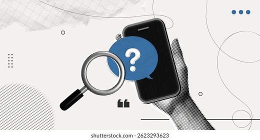 Trendy Halftone Collage Phone with magnifying glass and speech bubble with question mark. Problem analysis. Find solution or answer on forum. FAQ frequently. Contemporary vector illustration art