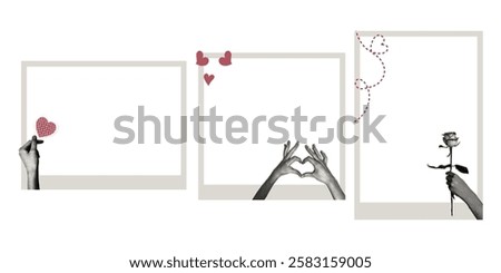 Trendy halftone collage with photo frames. Instant photo frame template concept with halftone stickers , photo album, memories, love. 