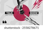 Trendy Halftone Collage Podcast broadcast. Hand holding studio microphone. Talk show and interview. Online radio news. Soundcheck concept. Streaming service. Contemporary vector illustration art