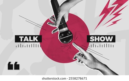 Trendy Halftone Collage Podcast broadcast. Hand holding studio microphone. Talk show and interview. Online radio news. Soundcheck concept. Streaming service. Contemporary vector illustration art