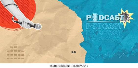 Trendy Halftone Collage Podcast broadcast. Hand holding studio microphone. Talk show and interview. Online radio news. Empty space for announce. Streaming service. Contemporary vector illustration art