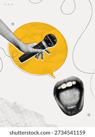 Trendy Halftone Collage Podcast with Interview. Open Mouth with speech bubble message and Hand with Microphone. Public speaker. Journalist or reporter with news. Contemporary vector illustration art