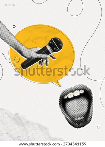 Trendy Halftone Collage Podcast with Interview. Open Mouth with speech bubble message and Hand with Microphone. Public speaker. Journalist or reporter with news. Contemporary vector illustration art