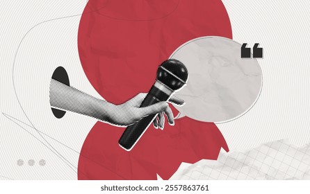 Trendy Halftone Collage Podcast Poster with Woman Hand holding Studio Microphone and Speech bubble message. Broadcast recording. Interview and news concept. Contemporary vector illustration art