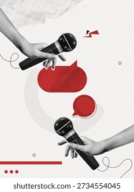 Trendy Halftone Collage Podcast with Two Microphones and Speech bubble messages. Hands holding mic. Discussion at interview. Talking in show. Social media opinion. Contemporary vector illustration art
