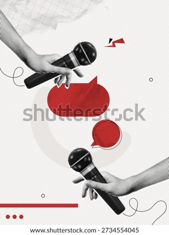 Trendy Halftone Collage Podcast with Two Microphones and Speech bubble messages. Hands holding mic. Discussion at interview. Talking in show. Social media opinion. Contemporary vector illustration art