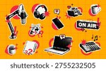 Trendy halftone collage of podcasting elements on orange background. Vector set with microphone, headphones, laptop and cat sticker. Creative digital content creation and streaming concept.
