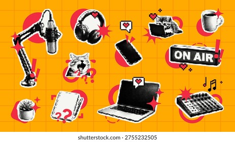 Trendy halftone collage of podcasting elements on orange background. Vector set with microphone, headphones, laptop and cat sticker. Creative digital content creation and streaming concept.