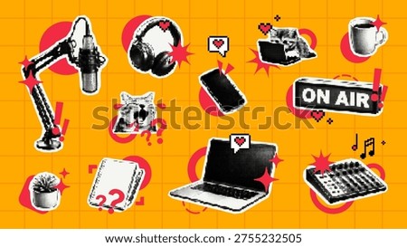 Trendy halftone collage of podcasting elements on orange background. Vector set with microphone, headphones, laptop and cat sticker. Creative digital content creation and streaming concept.