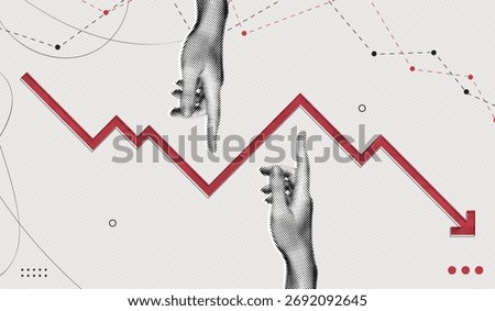 Trendy Halftone Collage Pointing hand and red arrow going down. Financial problems business failure. Falling trading market. Crisis and despair. Investment losses. Contemporary vector illustration art