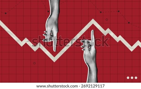 Trendy Halftone Collage Pointing Hands and Red Arrow going down. Financial problems business failure. Falling trading market. Crisis and despair. Investment losses. Vector illustration art