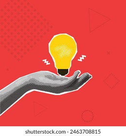 trendy halftone collage, pop art illustration magazine style, hand holding light bulb, idea symbol on red background, business idea banner