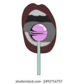 Trendy Halftone Collage pop art with woman mouth and lollipop. Modern Halftone retro Collage isolated white background. 2024 trend vector aesthetic can used template card, poster, social media design.