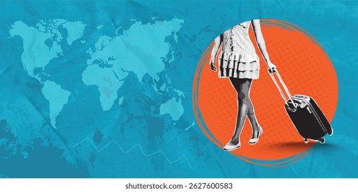 Trendy halftone collage in pop art style. Young girl in summer dress rolls suitcase on wheels in orange circle. World map on blue background. Travel and tourism concept.