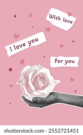 Trendy halftone collage. Postcard in collage style for Valentines Day, March 8. Hand image with halftone rose and caption. Trendy retro collage from the 80s. Vector illustration