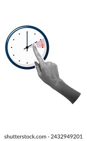 Collage de semitonos de moda. Plantilla de póster. La mano gira las agujas del reloj hacia adelante. Anuncio y marketing. Arte vectorial moderno 
