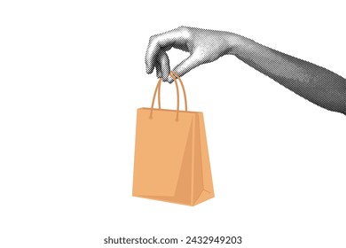 Collage de semitonos de moda. Plantilla de póster sobre una venta. Mano sosteniendo un paquete. Compras en línea. Anuncio y marketing. Arte vectorial moderno 