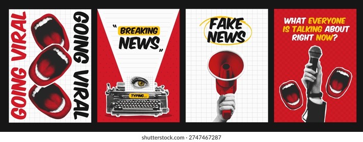 Trendy halftone collage posters about viral news, media and social discussions. Retro pop art compositions with megaphone, microphone, typewriter and bold typography. News Concept.