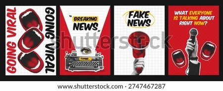Trendy halftone collage posters about viral news, media and social discussions. Retro pop art compositions with megaphone, microphone, typewriter and bold typography. News Concept.