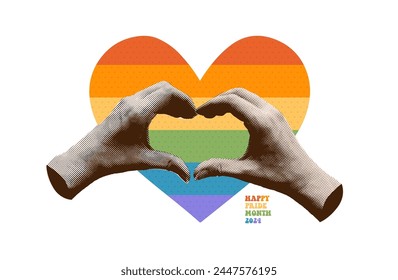 Trendy halftone collage for Pride month banner template. Heart shaped hands with heart shaped LGBT rainbow emblem. Gender, diversity, unity concept. Vector vintage illustration