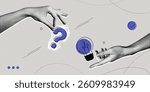 Trendy Halftone Collage Problem solving concept. Two hands hold lightbulb and question mark. Business solution. Creative mind or brainstorm. Ask for reply. Contemporary vector illustration art