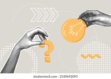 Trendy halftone collage. Problem solving concept, question and answer, ask for answer or idea, to solve problem, business solution. Hand with a question gets a ready idea, answer. Illustration for web