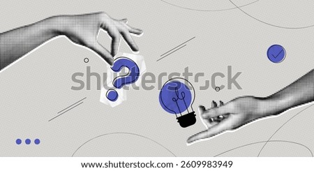 Trendy Halftone Collage Problem solving concept. Two hands hold lightbulb and question mark. Business solution. Creative mind or brainstorm. Ask for reply. Contemporary vector illustration art