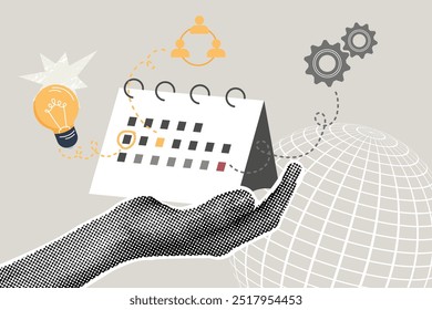 Trendy halftone collage. Project management concept, business development, teamwork. Illustration for web banner, social media banner, business presentation, marketing material. Vector illustration