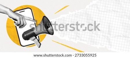 Trendy Halftone Collage Promotion banner with Megaphone, Phone and Hand. Torn paper edge with empty space. Online announcing and marketing. Social media news. Contemporary vector illustration art