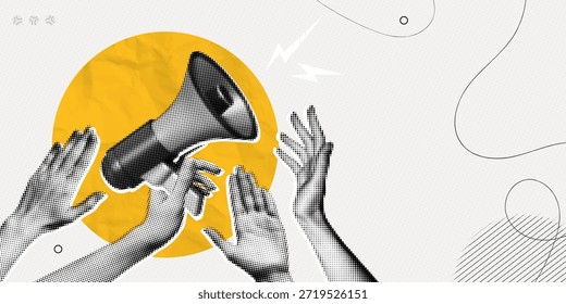 Manifestação de protesto da colagem de meio-tom da moda com as mãos levantadas. Líder com megafone. Lute pelos seus direitos. Voz da comunidade. Notícias e propaganda. Arte de ilustração vetorial contemporânea