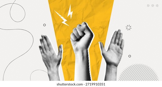 Manifestación de protesta de collage de semitono de moda con las manos levantadas. Líder con el puño en alto. Lucha por tus derechos. Voz de la comunidad. Solidaridad de las mujeres. Arte de Ilustración vectorial contemporáneo